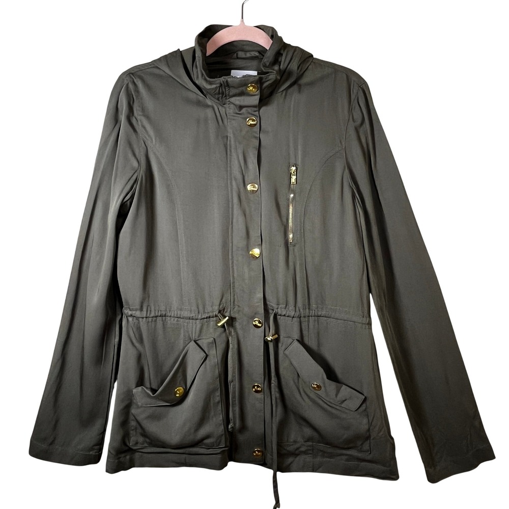 GUESS Olive Green Hooded Utility‎ Anorak Jacket Gold Hardware Women's M Gorpcore